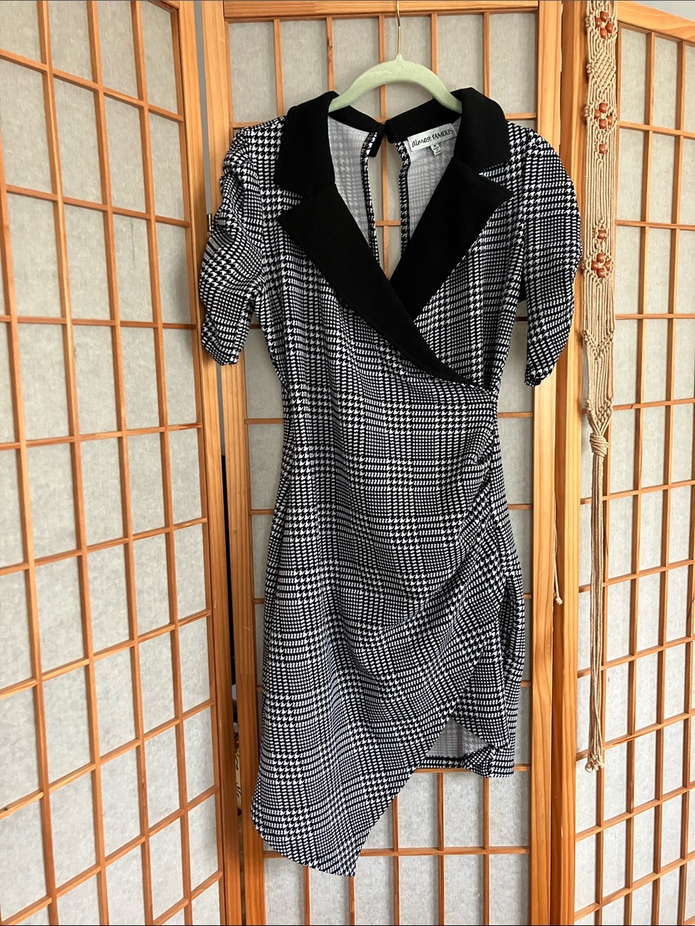 Almost Famous Black and White Glen Plaid Asymmetrical Wrap Dress